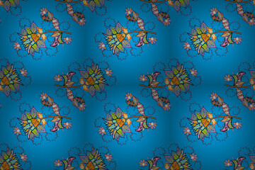 Fototapeta na wymiar Beautiful fabric pattern. Raster watercolour floral pattern, delicate flowers, blue, neutral and black flowers, greeting card template.