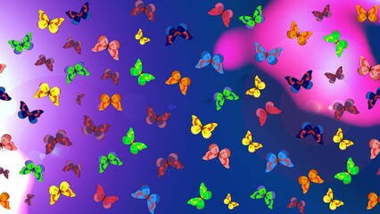 Decorative hand drawn butterflies. Raster illustration. Picture on blue, violet and pink colors. Fashion nice fabric design.