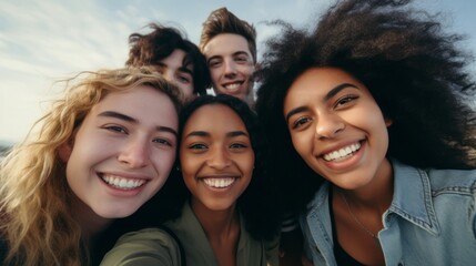 Fototapeta premium a group of young multiracial friends smile as they take a selfie enjoying their friendship and positive attitude towards a more inclusive life. 