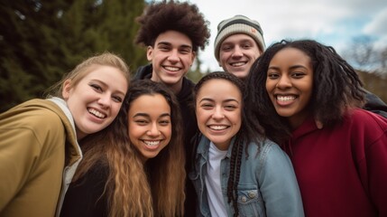 Obraz premium a group of young multiracial friends smile as they take a selfie enjoying their friendship and positive attitude towards a more inclusive life. 
