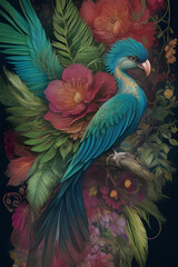 resplendent quetzal silk tapestry embroidery, bird art digital