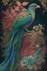 Obraz premium resplendent quetzal silk tapestry embroidery, bird art digital