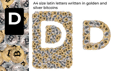 A4 size latin letters written in golden and silver bitcoins