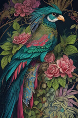 Obraz premium resplendent quetzal silk tapestry embroidery, bird art digital
