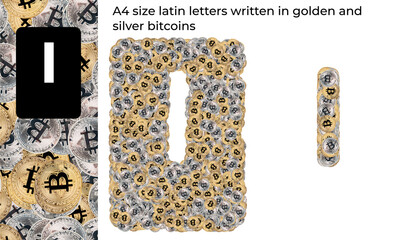 A4 size latin letters written in golden and silver bitcoins
