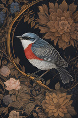 warbler silk tapestry embroidery, bird art digital