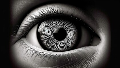 Mirada Única: El Ojo y la Huella. Foto surrealista sobre la identificación con huella dactilar y el ojo humano en sistemas informaticos - obrazy, fototapety, plakaty