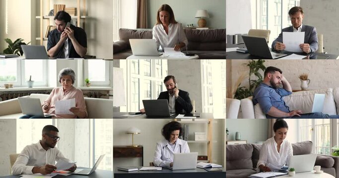 Collage of diverse young and older people busy with work, household chores, do paperwork, studying at home, having business calls. Workflow of different professionals in office. Modern tech, lifestyle