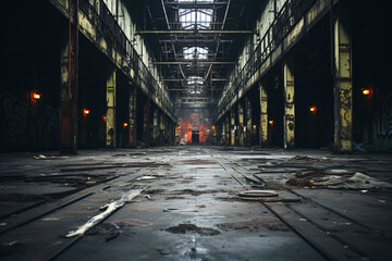 empty Abandoned old warehouse interior, dark, industrial, dirty, gloom