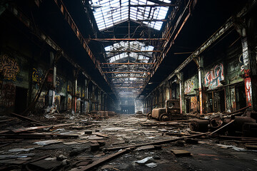 empty Abandoned old warehouse interior, dark, industrial, dirty, gloom