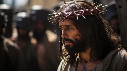 Jesus experiences pain while wearing crown of thorns. Jesus led to suffering through scourging with...