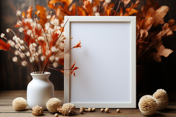 an empty photo frame, surrounded with autumn leaves and decoration, mockup, copy space