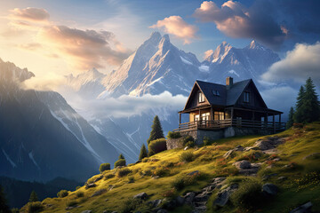 A landscape view of an isolated house on the mountain  - obrazy, fototapety, plakaty