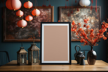 Chinese new year concept, empty picture frame,with mandarin oranges, mockup, copy space