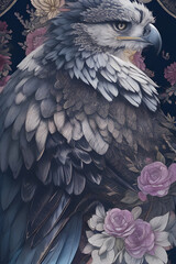 Fototapeta premium harpy eagle silk tapestry embroidery, bird art digital