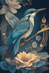 kingfisher silk tapestry embroidery, bird art digital