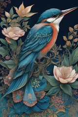 kingfisher silk tapestry embroidery, bird art digital