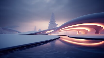 Bionic architectural forms of snowy winter with neon lighting