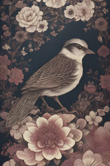 lark silk tapestry embroidery, bird art digital