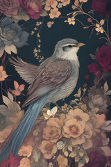 lark silk tapestry embroidery, bird art digital