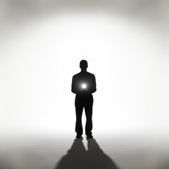 Silhouette of a man holding a glowing light bulb on a white background. Minimalistic illustration. Concept of idea and creativity. Copy space.