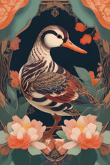 mandarin duck silk tapestry embroidery, bird art digital