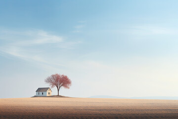 A landscape view of a small house and a tree on a field in a minimalistic design style