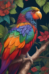 rainbow lorikeet silk tapestry embroidery, bird art digital