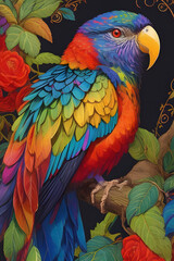 Obraz premium rainbow lorikeet silk tapestry embroidery, bird art digital
