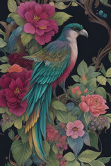 Fototapeta premium resplendent quetzal silk tapestry embroidery, bird art digital