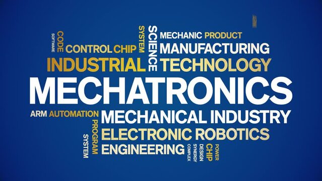 Mechatronics animated tag word cloud;text design animation kinetic typography seamless loop.