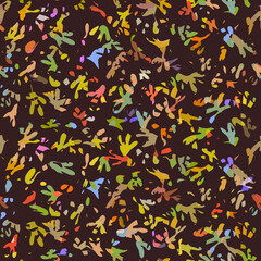 Abstract geometric mosaic multicolor seamless pattern on a dark chocolate brown background