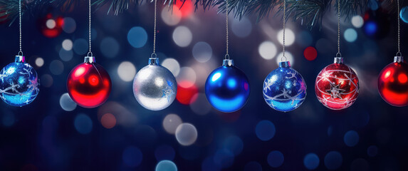 christmas tree decoration with bokeh lights on an interesting background, in the style of uhd image, dark blue and red, christcore, commission for, 1970–present, silver and green, nightcore