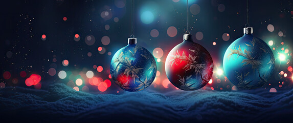 christmas tree decoration with bokeh lights on an interesting background, in the style of uhd image, dark blue and red, christcore, commission for, 1970–present, silver and green, nightcore - obrazy, fototapety, plakaty