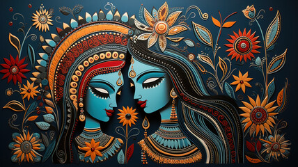 Traditional Madhubani style painting of a couple on a textured background.