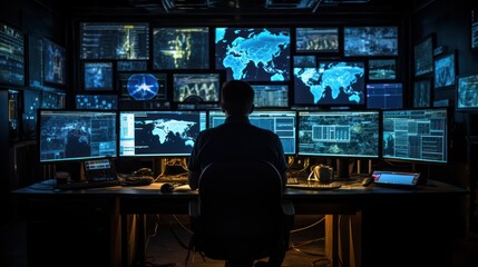  A person in an advanced operations room overlooks an array of monitors displaying global maps and various analytical data, hinting at international surveillance or research. - obrazy, fototapety, plakaty