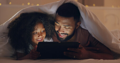 Dad, daughter or tablet at night and internet for movie, cartoon or streaming with blanket on bed...