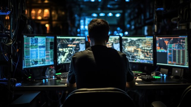 A focused individual workstation, interface operations surveillance glowing screens in a dimly lit room, displaying various maps and data, suggesting a high-tech control or monitoring environment.