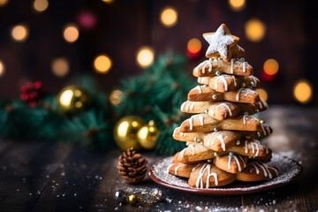 Gingerbread tree on a decorated table with Christmas tree in the background