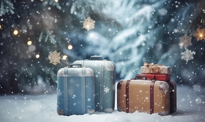 Set of suitcases stand outdoor with Christmas bokeh background with copy space - obrazy, fototapety, plakaty