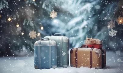 Foto op Canvas Set of suitcases stand outdoor with Christmas bokeh background with copy space © pijav4uk