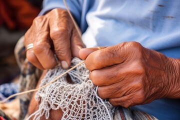 Hands of old woman in wrinkles with ring on finger crocheting ornament calming nerves and relieving...