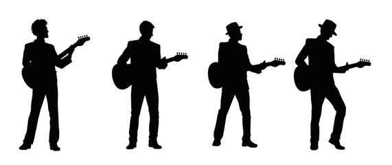 Man playing electric guitar silhouette, male electric guitar player, male musician guitarist on stage silhouette - obrazy, fototapety, plakaty