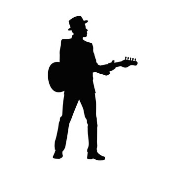 Man playing electric guitar silhouette, male electric guitar player, male musician guitarist on stage silhouette