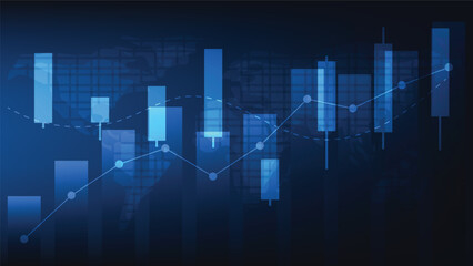 Financial business statistics with bar graph and candlestick chart show stock market price on dark blue background
