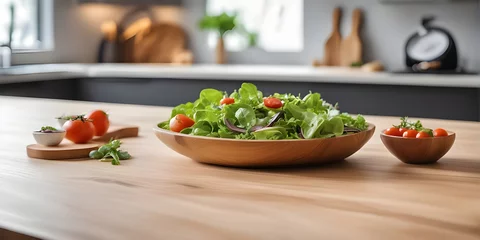 Gordijnen Wooden tabletop counter with salad in kitchen. © Smile Studio AP
