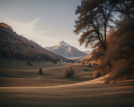 Background of a winter view in a pine forest with trees and a snow-capped mountain in sight