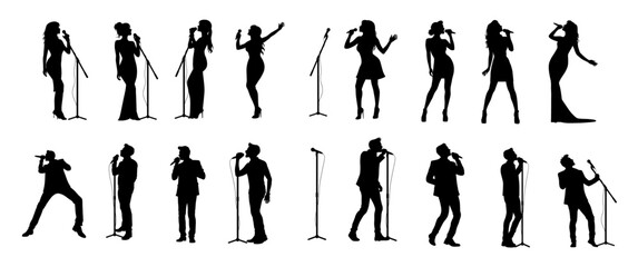 Man and woman singer silhouette, male female singing on mic, singer singing silhouette, vocalist singing to microphone - obrazy, fototapety, plakaty
