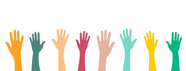 colorful volunteers team raised hand for social support - obrazy, fototapety, plakaty