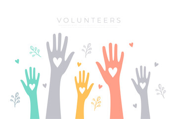 colorful volunteers solidarity team hand up with love heart design